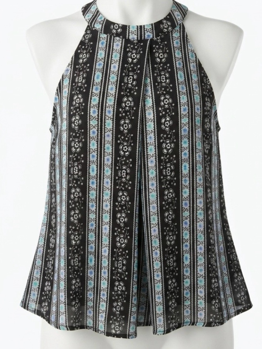 Striped Black Halter Tank with Teal Floral Accents
